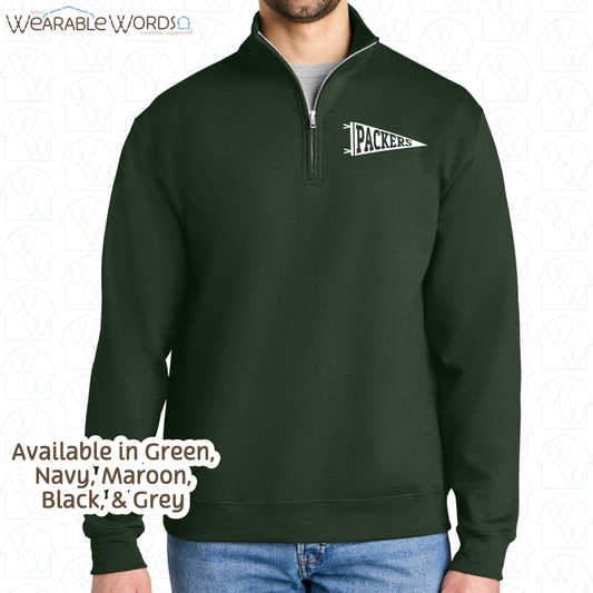 Custom Team Football Pennant Graphic 1/4 Zip | White Varsity Collegiate Sports Print | Unisex Quarter Zip Sweatshirt