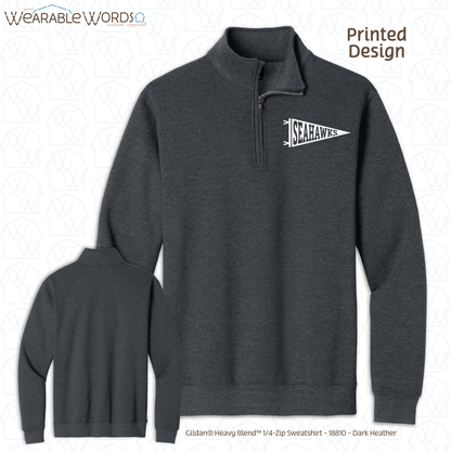 Custom Team Football Pennant Graphic 1/4 Zip | White Varsity Collegiate Sports Print | Unisex Quarter Zip Sweatshirt