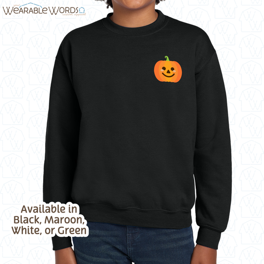 Cute Pumpkin Kids Graphic Crewneck | Simple Orange Fall Jack-o-Lantern Print | Unisex Youth Sweatshirt