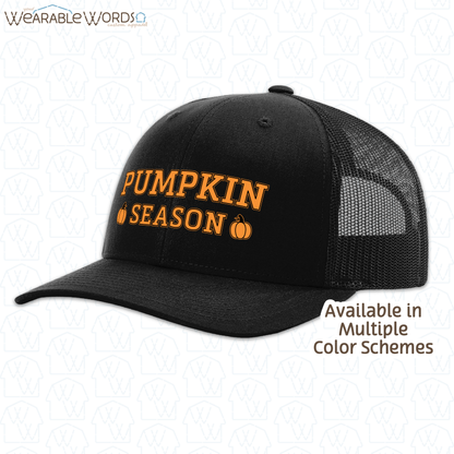 Pumpkin Season Graphic Hat | Orange Black Collegiate Style Fall Autumn Print | Unisex Mesh Snapback