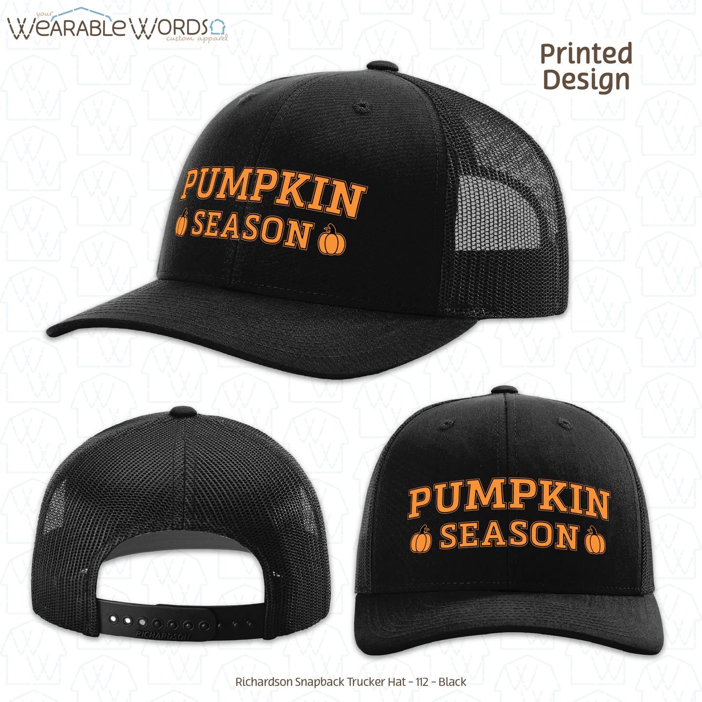 Pumpkin Season Graphic Hat | Orange Black Collegiate Style Fall Autumn Print | Unisex Mesh Snapback