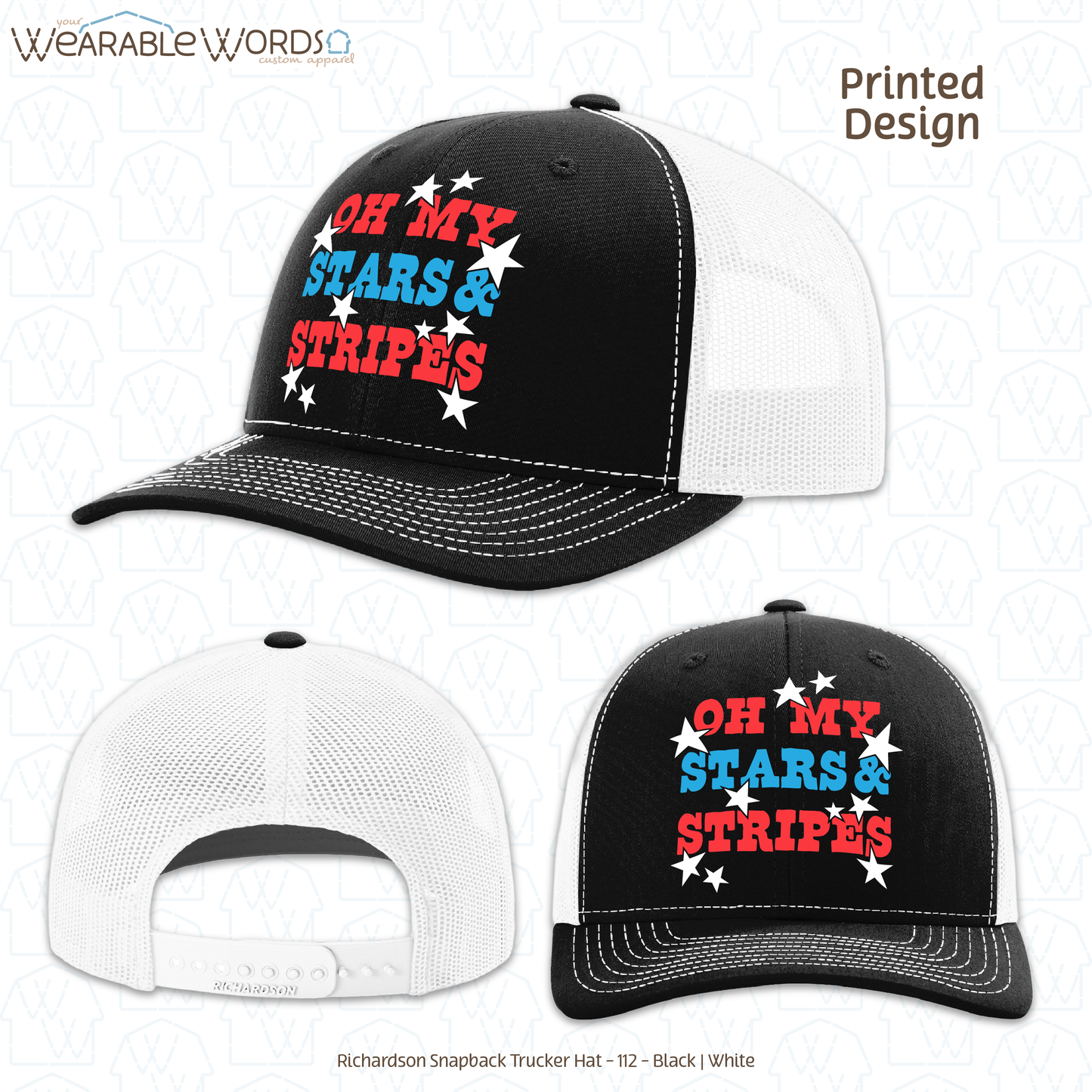 Oh My Stars And Stripes Hat | Fun Red White & Blue Print | Unisex Mesh Snapback