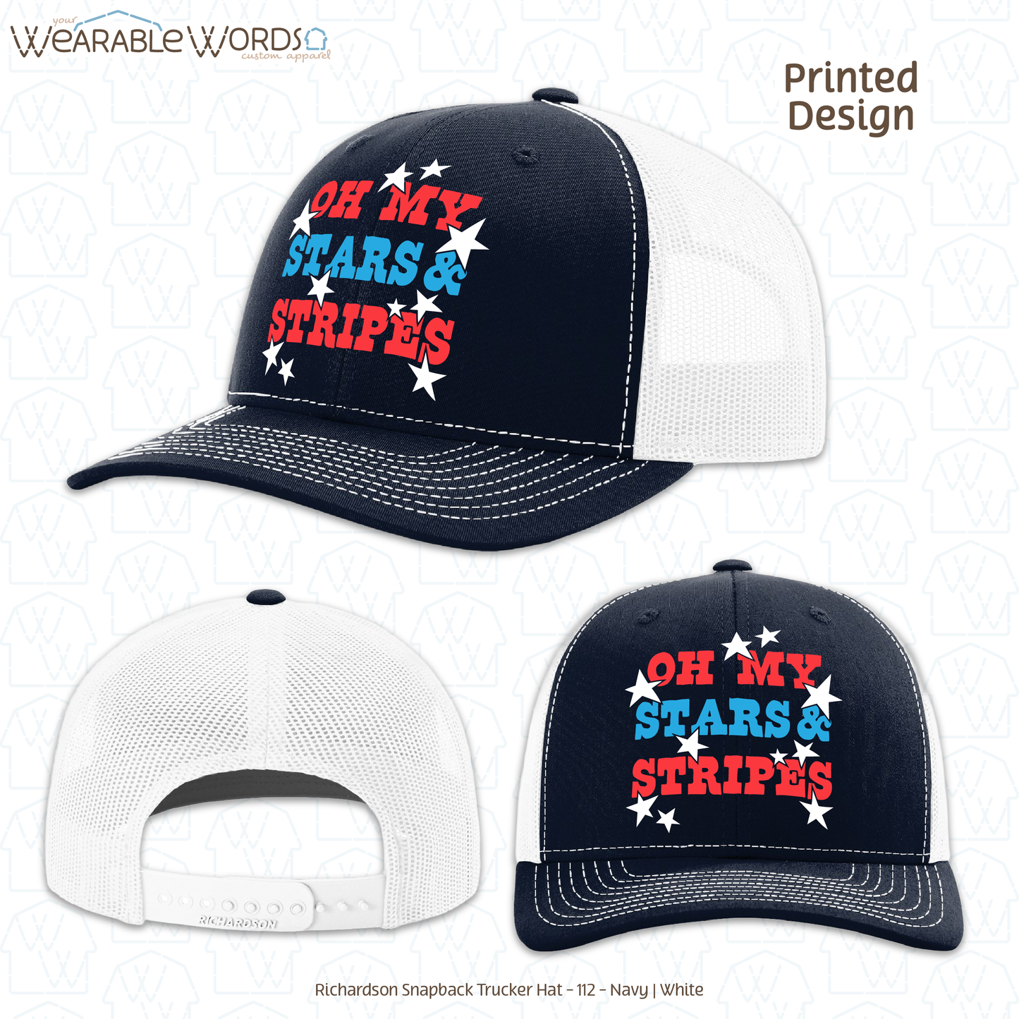 Oh My Stars And Stripes Hat | Fun Red White & Blue Print | Unisex Mesh Snapback