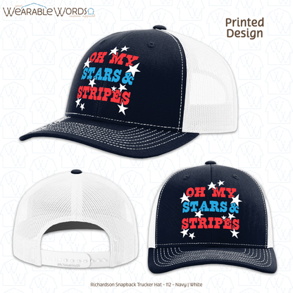 Oh My Stars And Stripes Hat | Fun Red White & Blue Print | Unisex Mesh Snapback