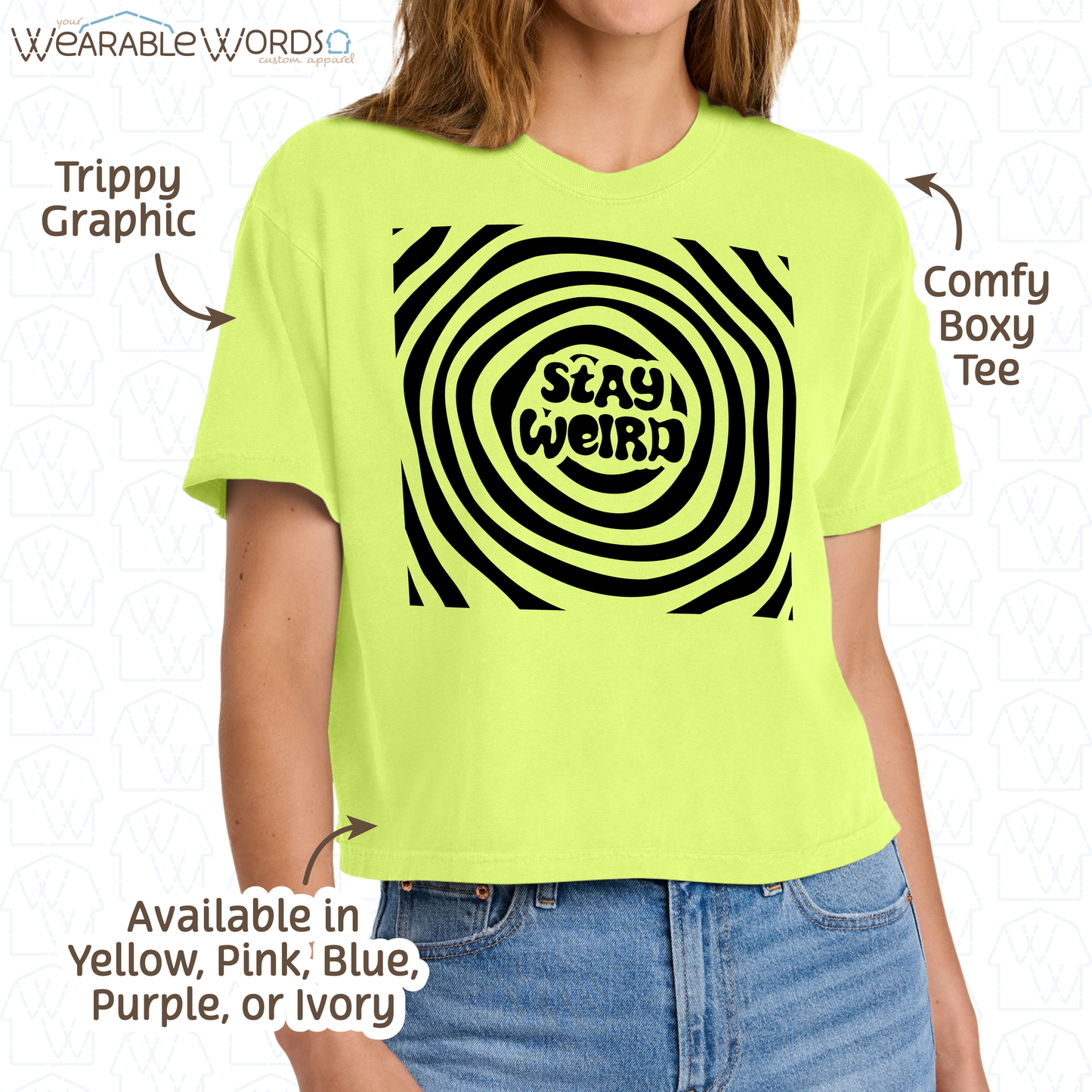 Stay Weird Graphic Tee | Fun Trippy Spiral Print | Women's Boxy T-Shirt