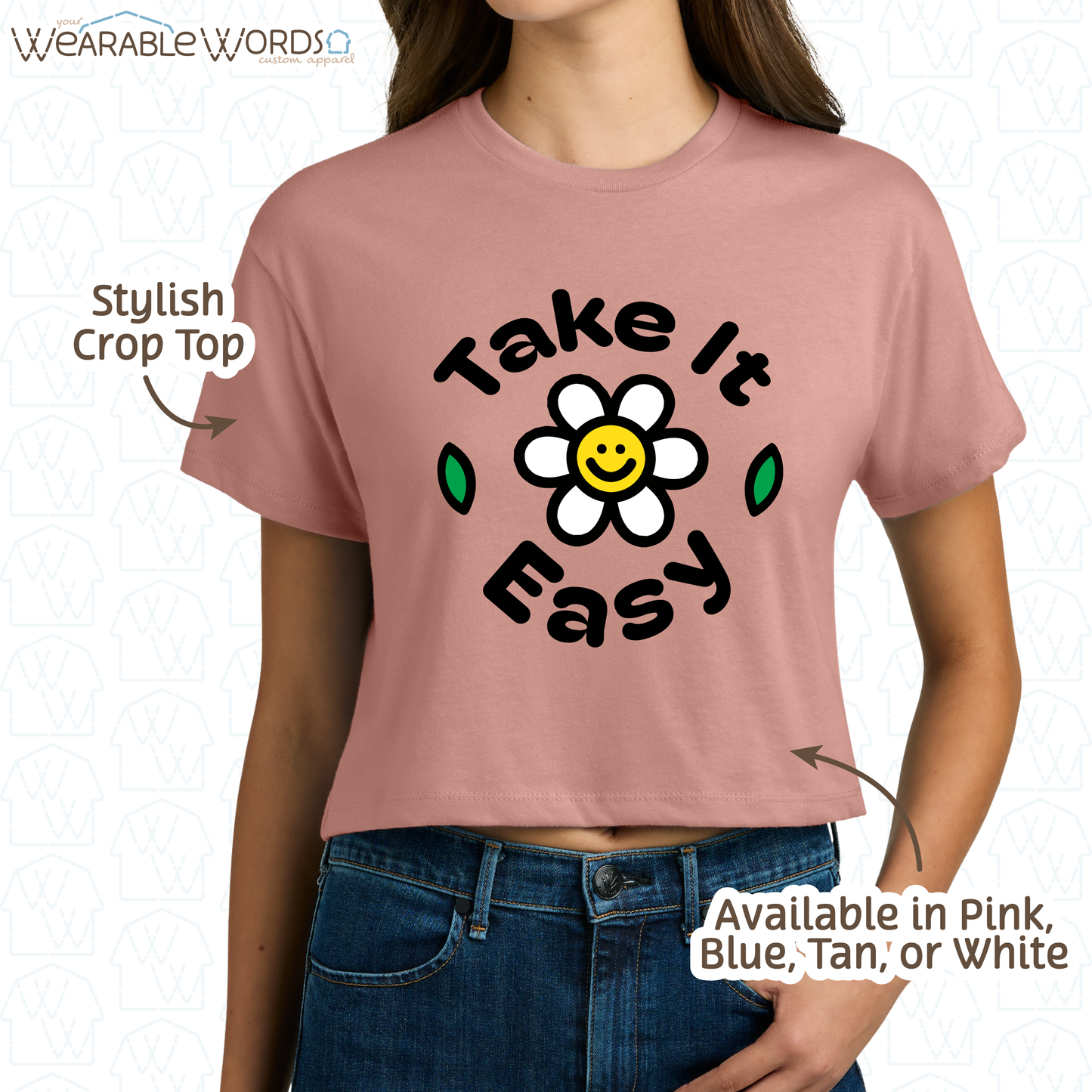 Take It Easy Cropped Graphic Tee | Fun Cute Blocky Daisy Print | Women's Crop Top