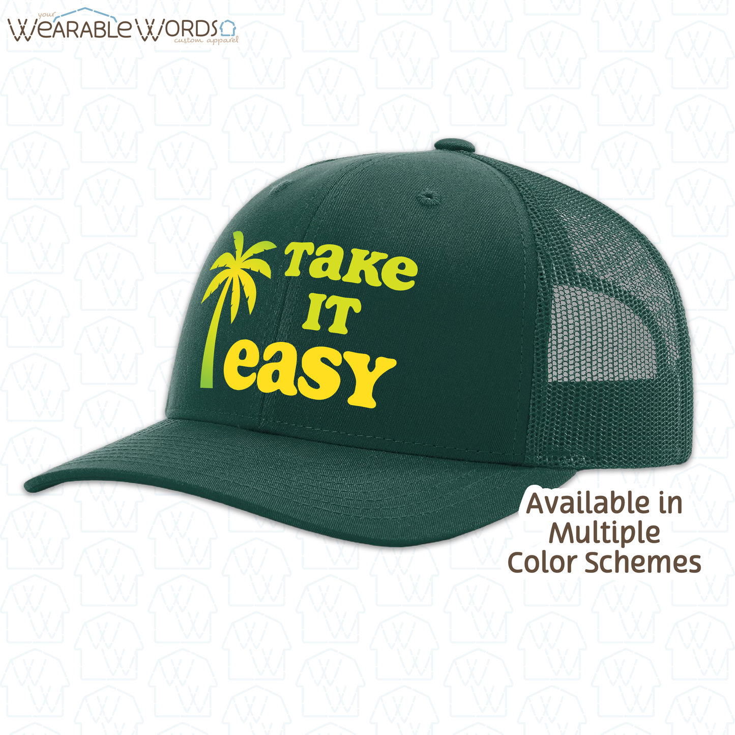 Take It Easy Graphic Hat | Simple Yellow & Green Palm Tree Print | Unisex Mesh Snapback