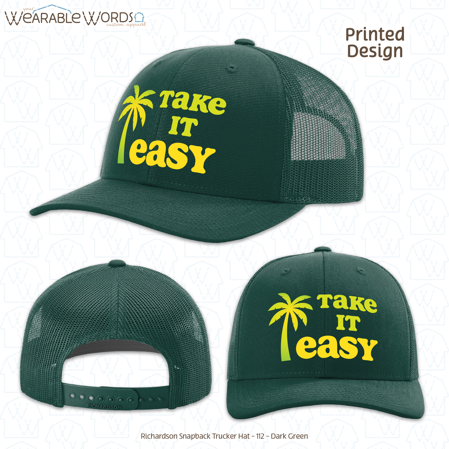 Take It Easy Graphic Hat | Simple Yellow & Green Palm Tree Print | Unisex Mesh Snapback