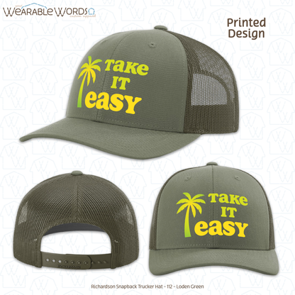 Take It Easy Graphic Hat | Simple Yellow & Green Palm Tree Print | Unisex Mesh Snapback