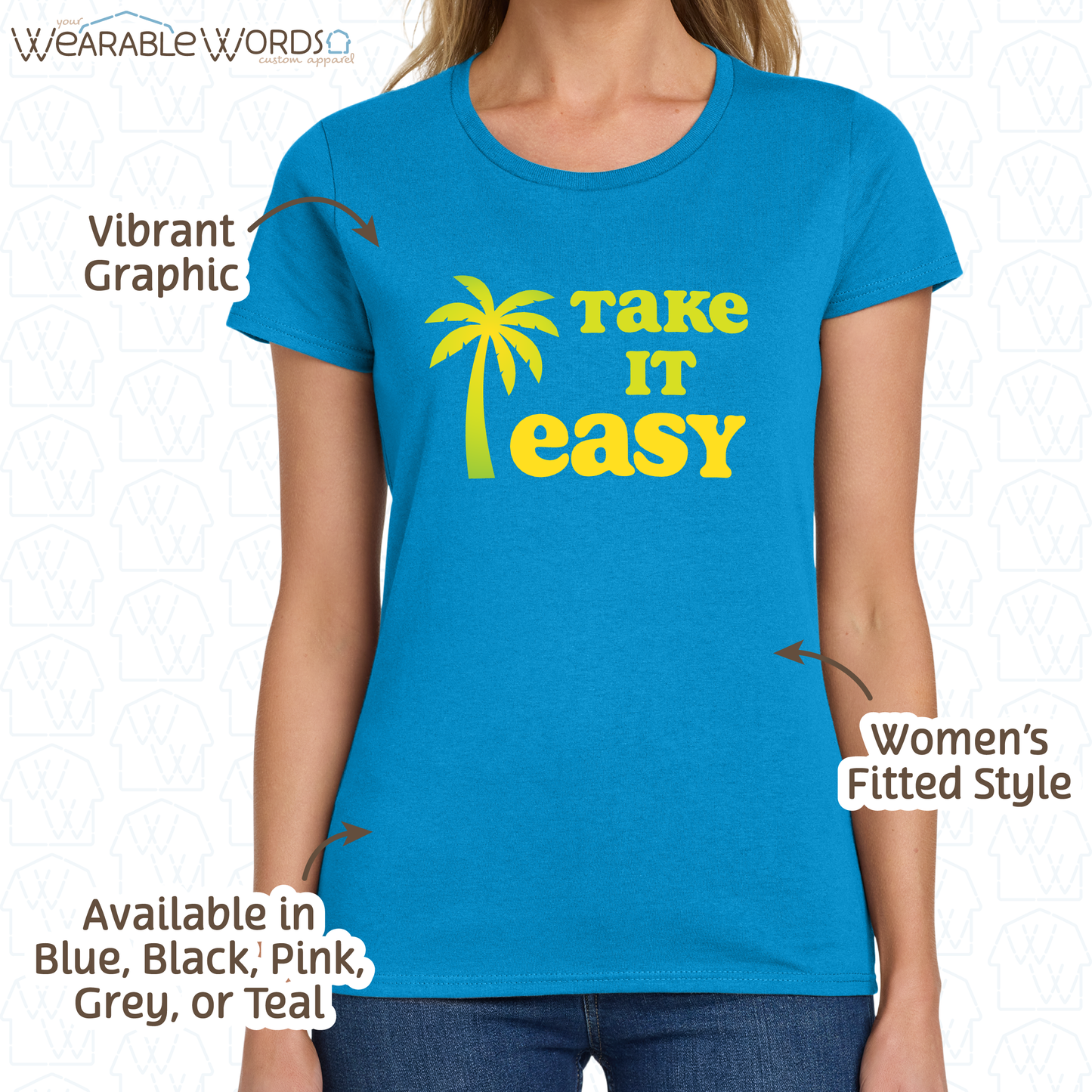 Take It Easy Graphic Tee | Simple Yellow & Green Palm Tree Print | Women's Fitted T-Shirt