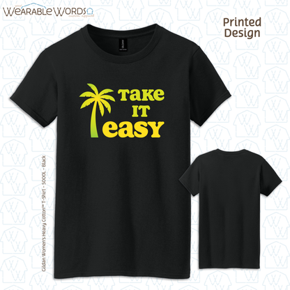 Take It Easy Graphic Tee | Simple Yellow & Green Palm Tree Print | Women's Fitted T-Shirt
