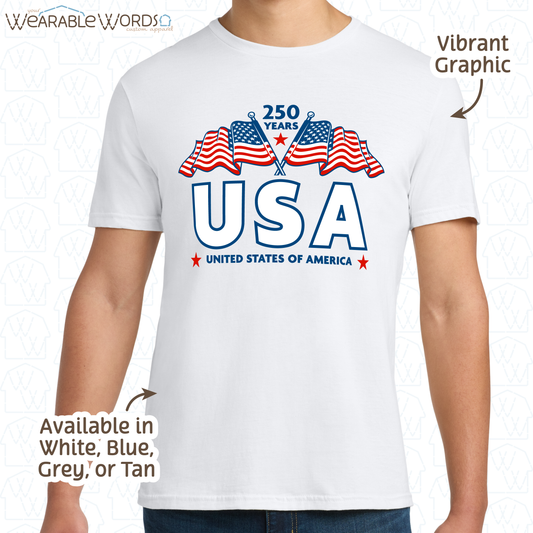 250 Years of USA Red White & Blue Graphic Tee | United States of America Flags Print | Unisex T-Shirt